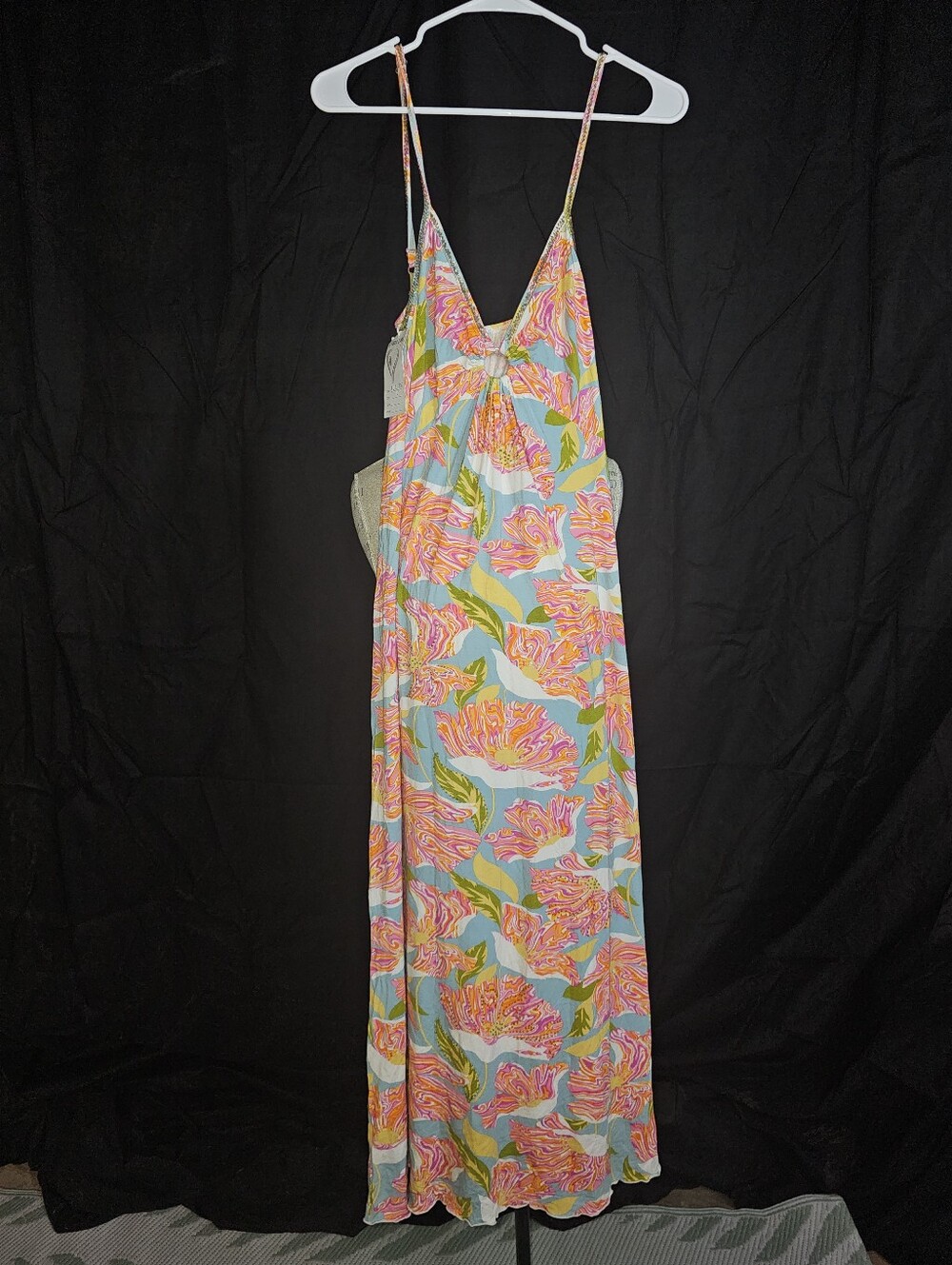 Floral Print Maxi Dress with Spaghetti Straps - Pink & Blue